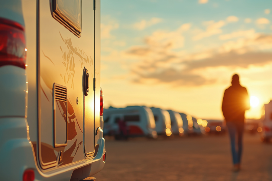 man walking by rvs with sunset in the background