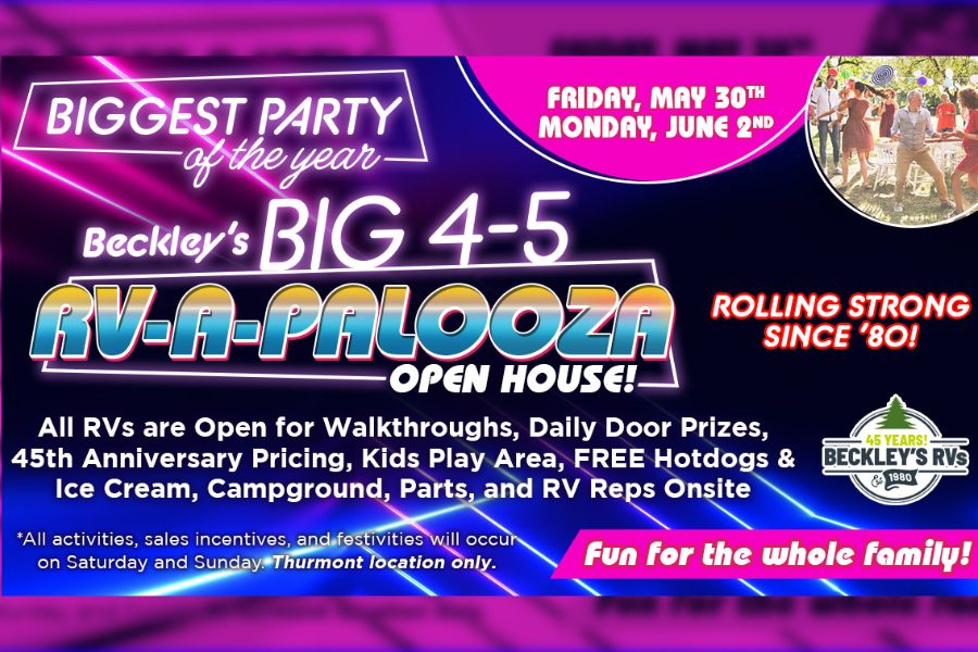 rv palooza ad with information and details for Beckley's Open House Event